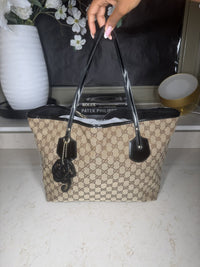 Gucci GG Canvas Tote, Brown with Black Patent Leather Trim, photo 2