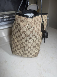 Gucci GG Canvas Tote, Brown with Black Patent Leather Trim, photo 4
